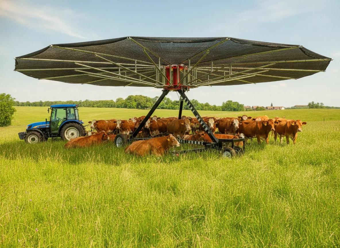 Ombréo déployée, troupeau de vaches à l'ombre